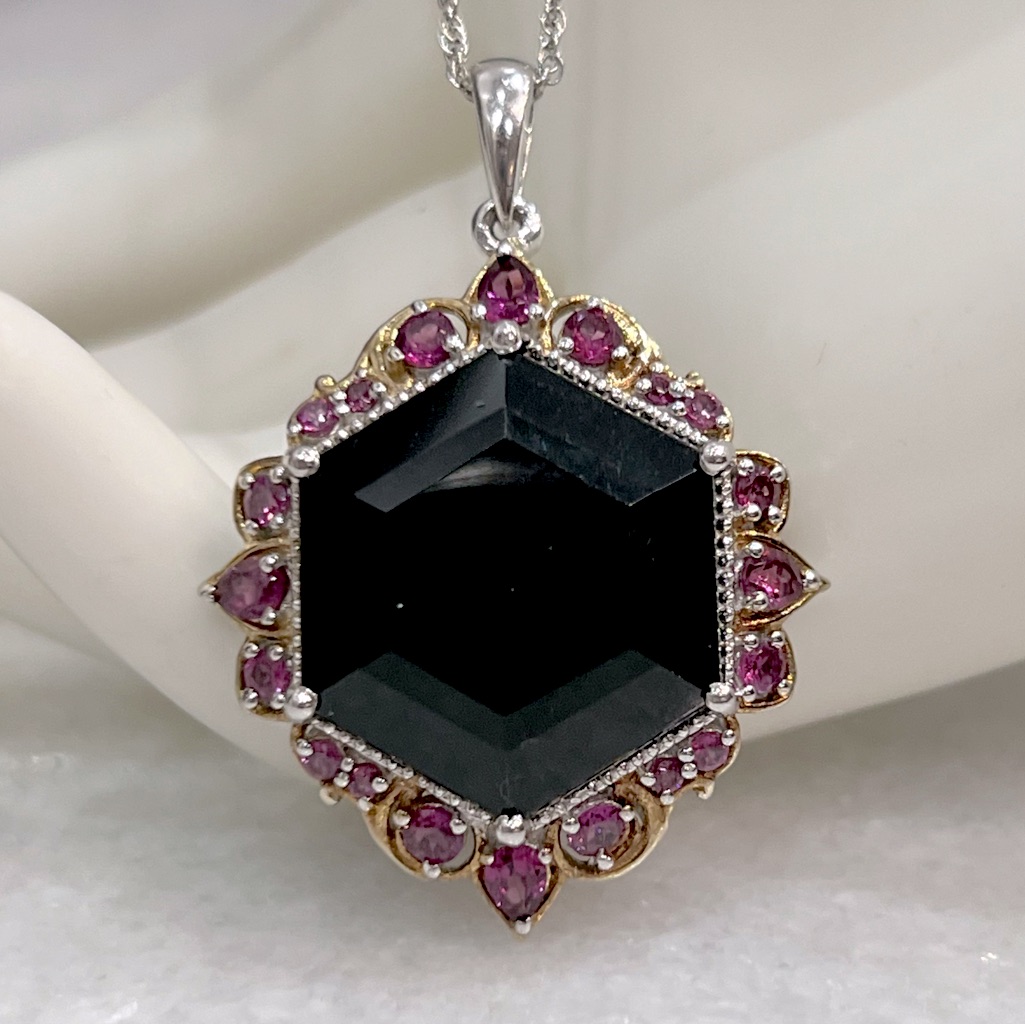 Black Tourmaline Rhodolite Garnet 14k Yg Sterling Silver Pendant 20” Necklace